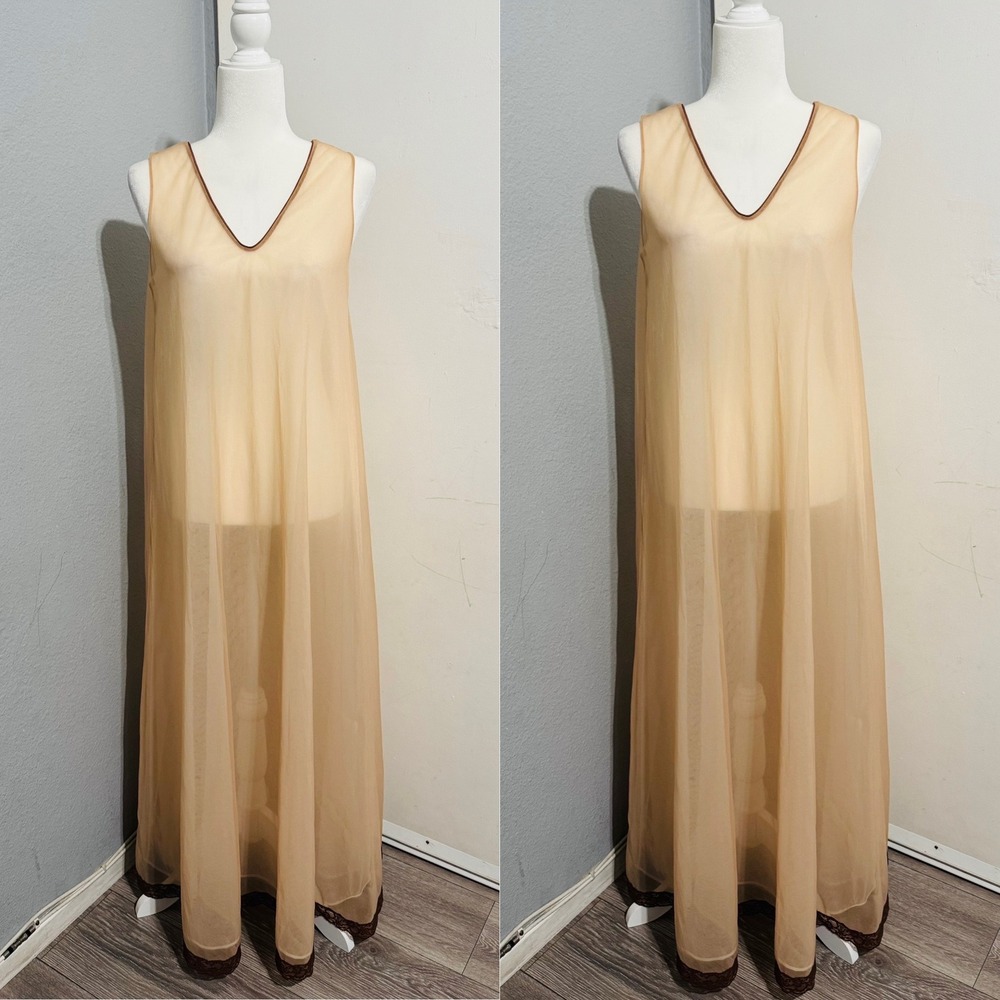 Vintage Sheer Tan‎ Maxi Peignoir Nightgown V-Neck Brown Lace Trim size S Lined
